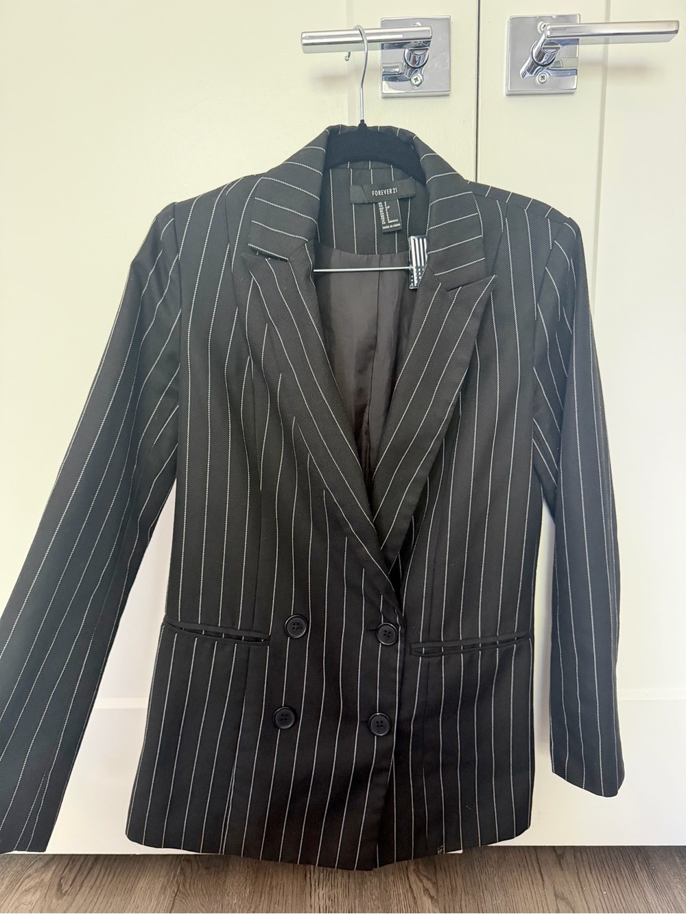 Forever 21 Black Pinstripe Double-Breasted Suit Jacket